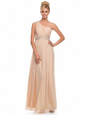 Nox Anabel One Shoulder Chiffon Beaded Formal Gown Nude Champagne Size L NWT